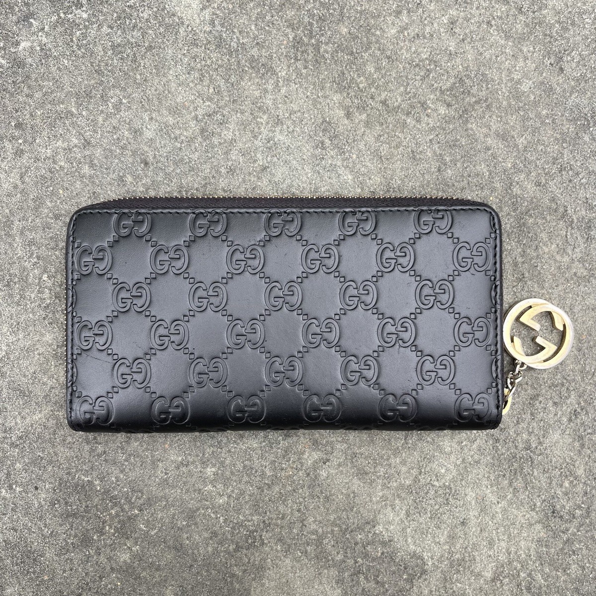 Gucci Black Monogram Leather Zip Wallet Interlocking GG