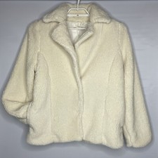 Max Stuido Womens Teddy Coat Jacket Size Large Ivory Hidden Snaps Pockets NWT