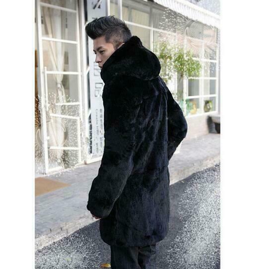 Men's Faux Fur Mid Long Jacket Parka Trench Coat Hooded