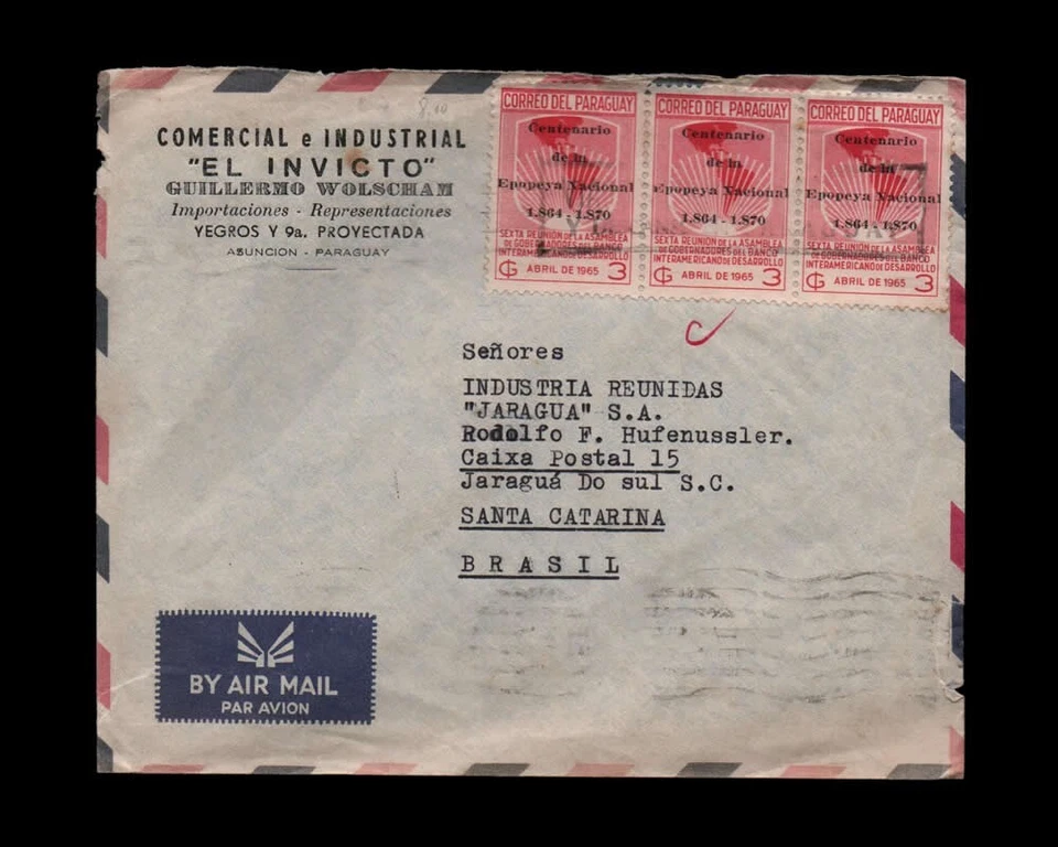 Обложка из Парагвая в Бразилию Санта-Катарина 1966 история почты - Изображение 2 из 4