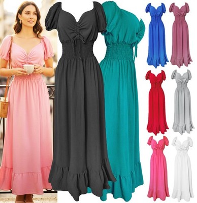 Womens Gauze Look Smocked Waist Maxi Dress Solid Lightweight Summer Long Dress