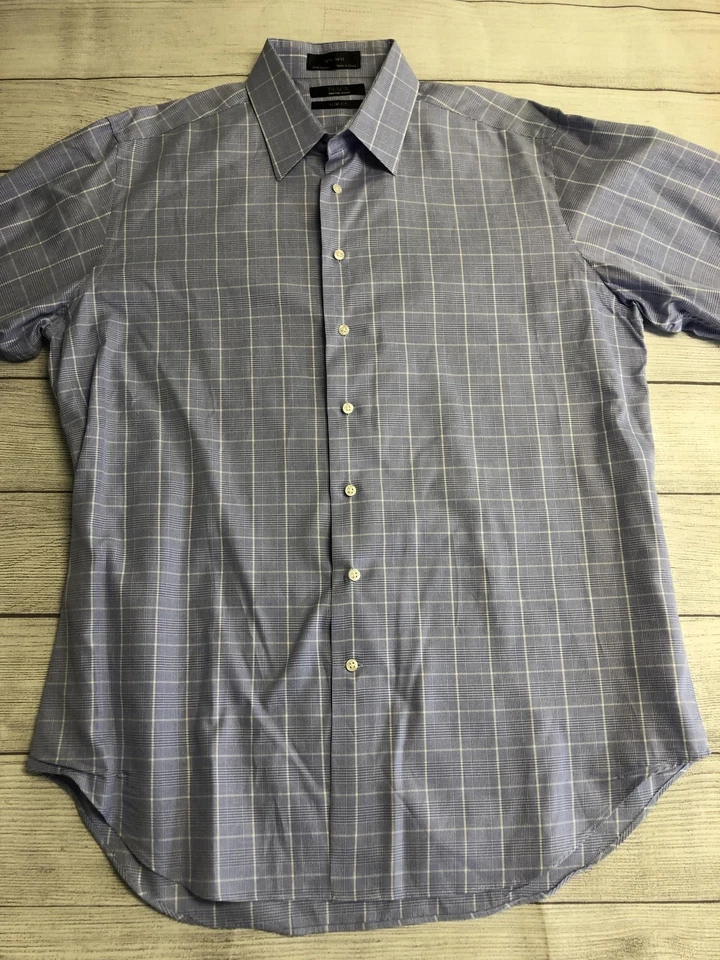 Black Saks Fifth Avenue Dress Shirt Mens 16.5 34/35 Blue Plaid Slim Fit - Image 3 of 4