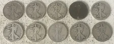 10 Coin Walking Liberty Half Dollar Lot 90% Silver Cull Slick $5 FV 1/2 Roll DI