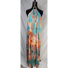 NWTs Shore O Ring Tie Maxi Dress Jewel Paisley Halter Neck Teal Orange Boho Sz L