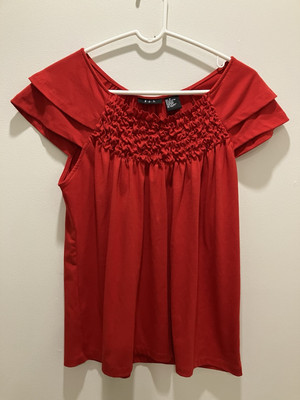 R. Q. T. Shirt Ladies Size Medium Red Cap Sleeve Smocked Shirt