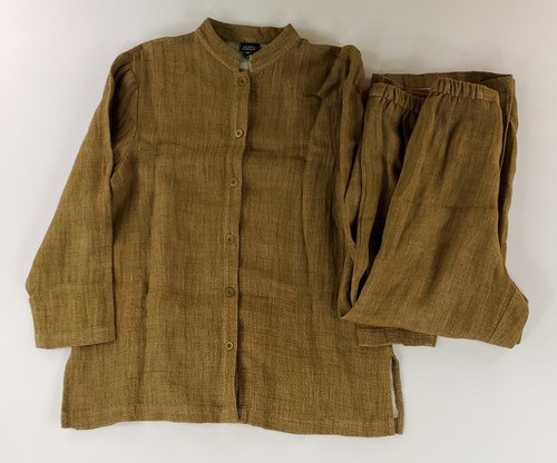 Eileen Fisher 2 Piece Set Shirt Pants Linen Rayon Ramie Olive Made USA Womens M - Picture 1 of 10