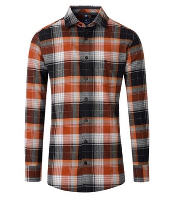 REDMOND Herren Flanellhemd Langarm Kent Comfort Orange Karo