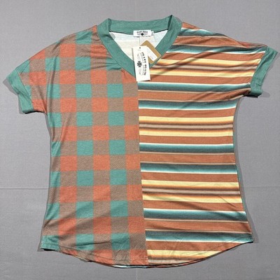 Crazy Train XL Women's Aztec Geometric Print Scalloped Orange Rust Green Teal