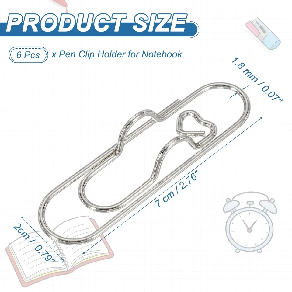 Soporte para clip para bolígrafo para cuaderno, 6 piezas clips para bolígrafo de metal corazón, plateado Foto 2 de 4
