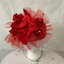 Mr. Hi's Women's Red Flower Mesh Fascinator Hat Pillbox Headband Church Wedding
