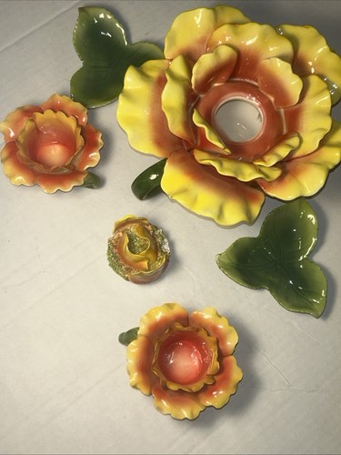 RARE  VTG Ambiance Floral Teapot & Cup Set Yellow Orange Rose Blossom Ceramic