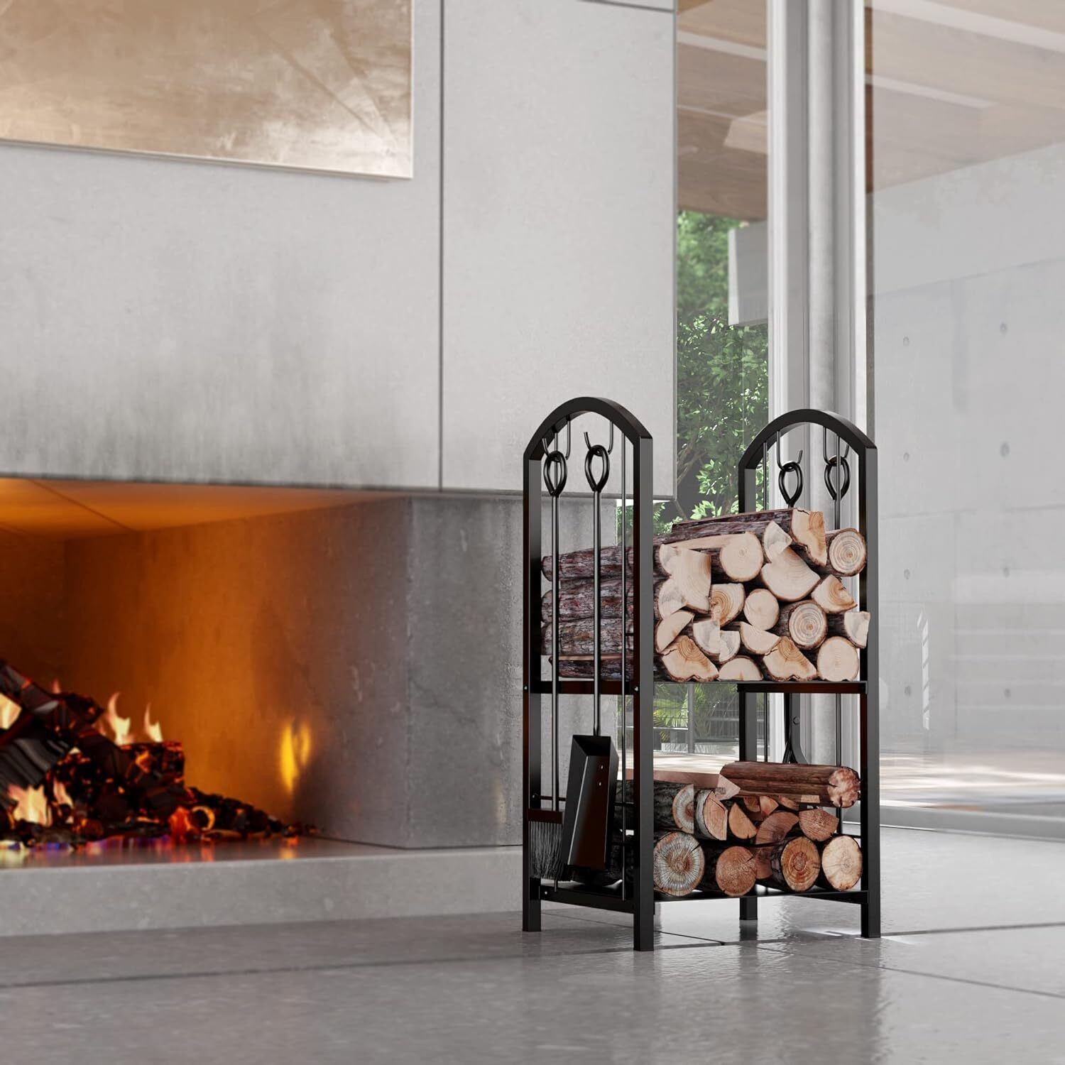 Fireplace Firewood Log Rack Storage Logs Holder with Tools Set with 4 Tools Set