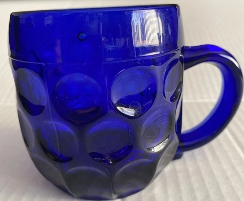 New MARTINSVILLE Thumbprint 24 Cobalt Blue Glass Mug 1930s Depression Era 3.5"