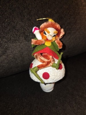 VTG Christmas Elf Paper Papier Mache Chenille Sitting Mushroom in Hand Ornament
