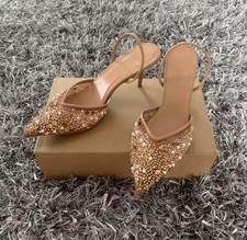 Brand New Zara Dupe Nude Sequin Pointed Kitten Heels Slingback