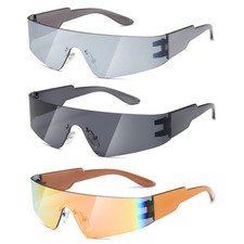 3 Pack Trendy Rimless Futuristic Wrap Around Sunglasses Cyberpunk Visor Shades