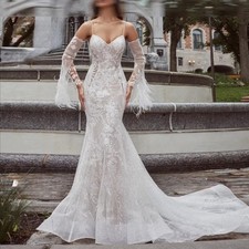 Spaghetti Strap Zipper Back Applique Mermaid Feather Flare Sleeves Wedding Dress