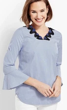 Talbots Embroidered Rick Rack Trim Top Blouse Bell Sleeves 2X Striped Nautical