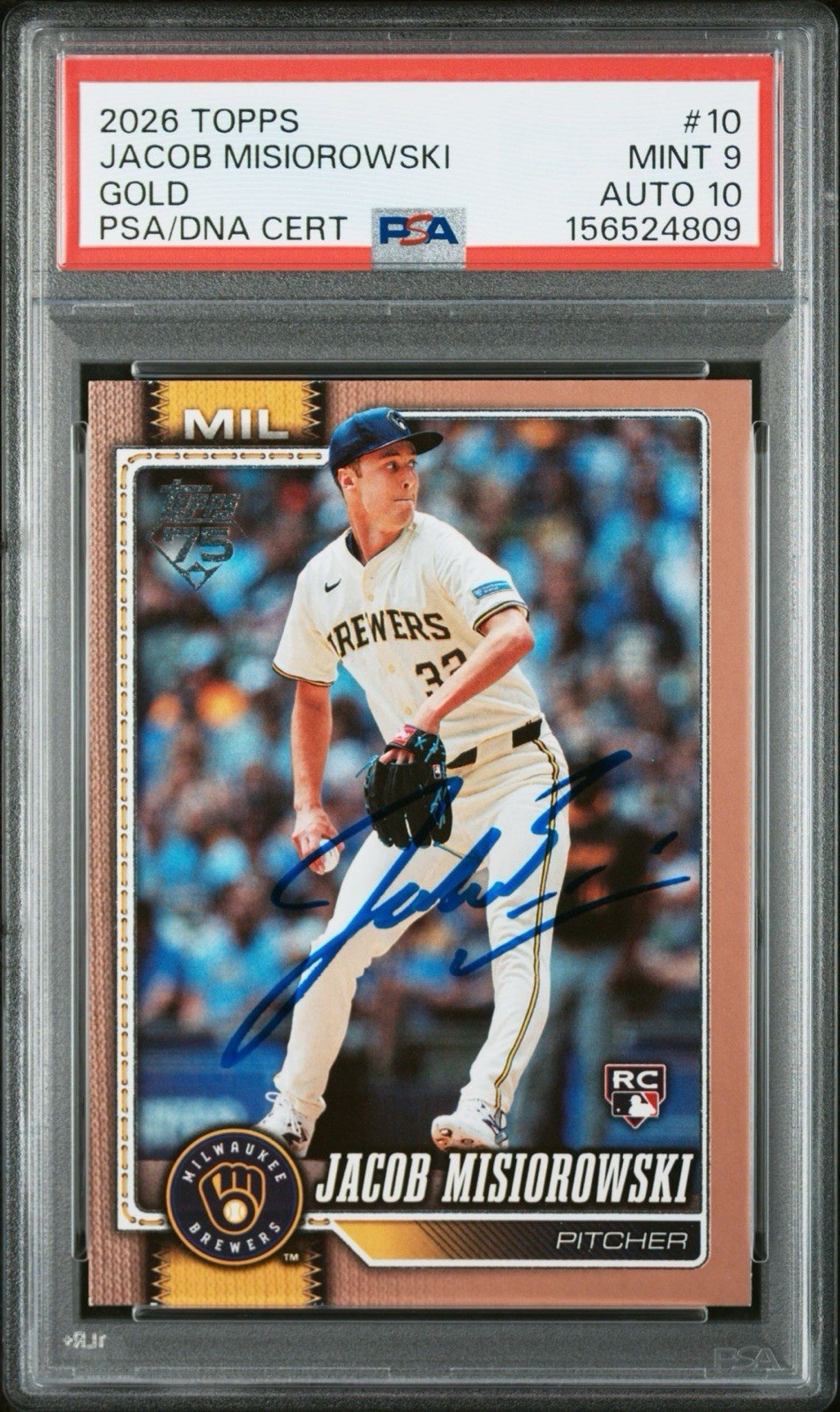 2026 Topps Gold Border Signed Jacob Misiorowski Auto Card #10 /2026 RC PSA 9/10