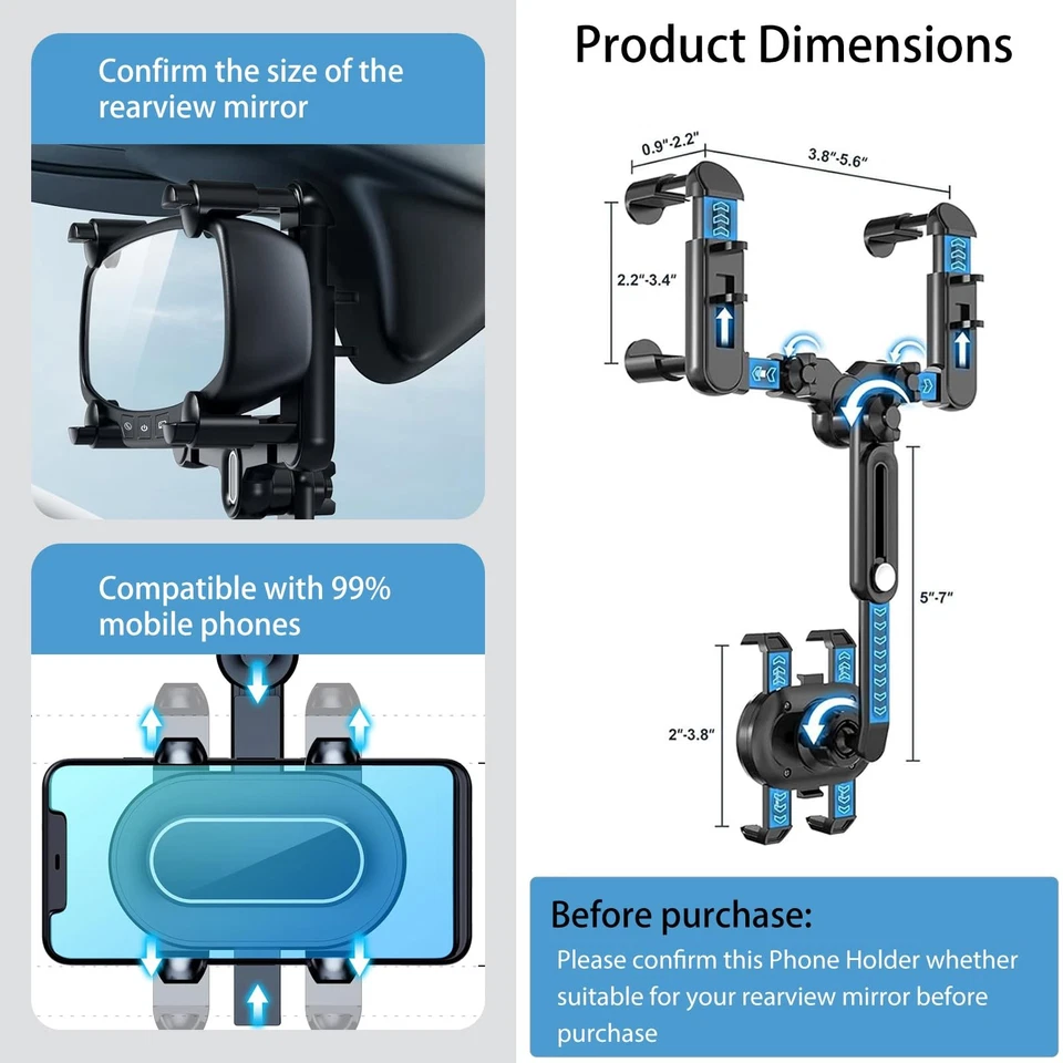 Rearview Mirror Phone Holder for Car, 360° Rotating and Retractable Multifunc... - Image 4 of 4
