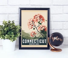Mountain Laurel, Connecticut State Flower in Vintage Retro Style, Poster Print