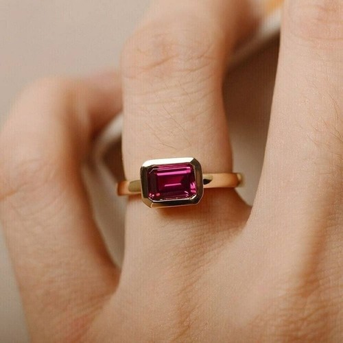 2Ct Emerald Cut Simulated Ruby Women's Engagement Ring 14k Yellow Gold Plated - Picture 2 of 7
