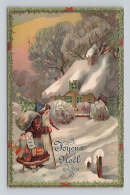 Joyeux Noel Christmas Brown Blue Santa Walks Snow House Toys Series 682 Postcard