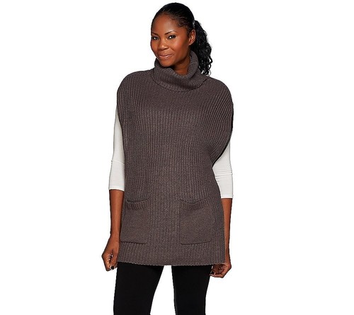 Dennis Basso 1X Steel Gray Turtle neck Rib Stitch Sweater Poncho Side Zipper