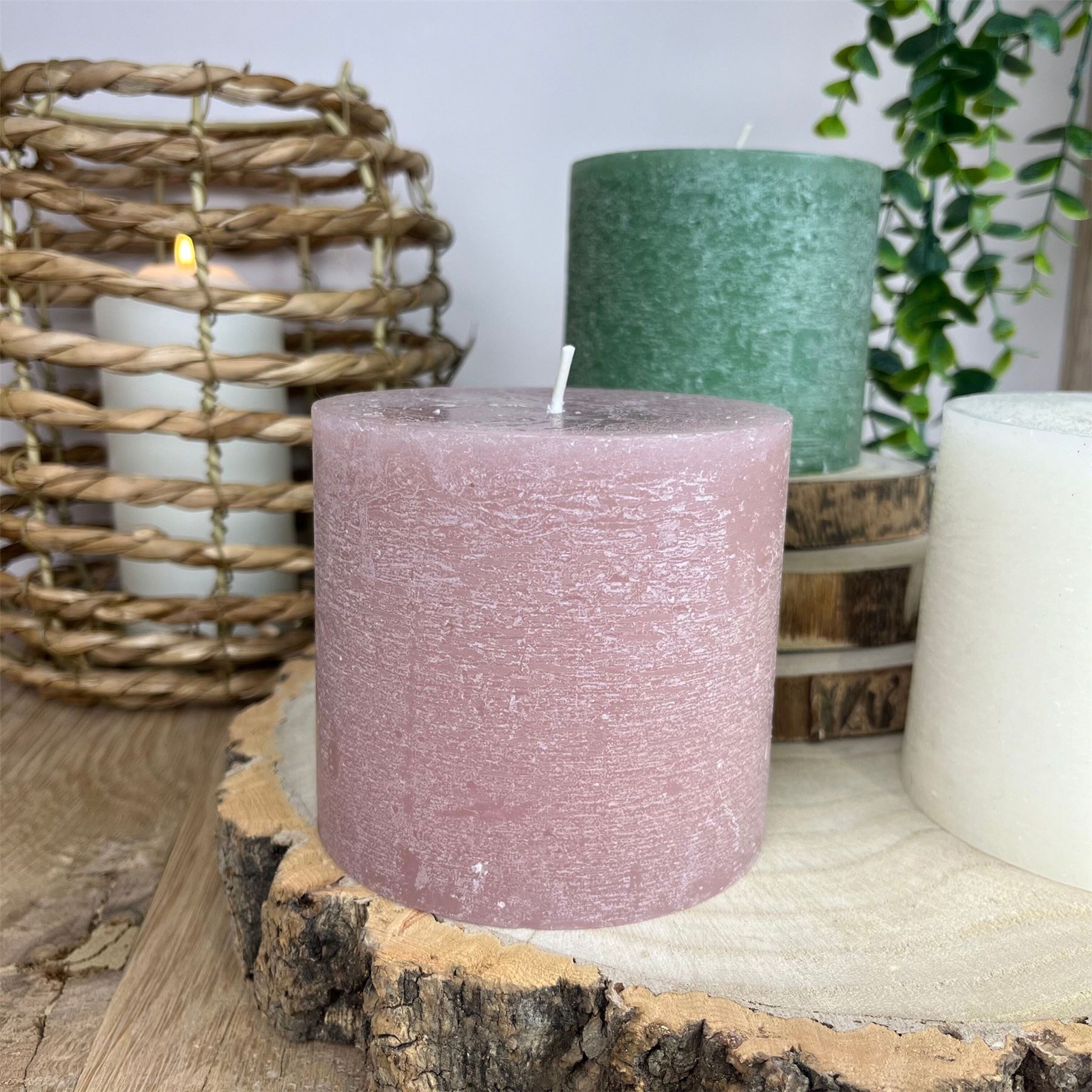 Pack of 2 Pink Green Pillar Candles | Unscented Church Pillar Candles - 10x9cm