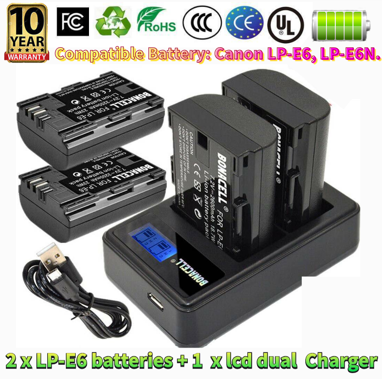 2X 3200mAh LP-E6 Battery+ Dual Charger for Canon EOS 60D 70D 80D