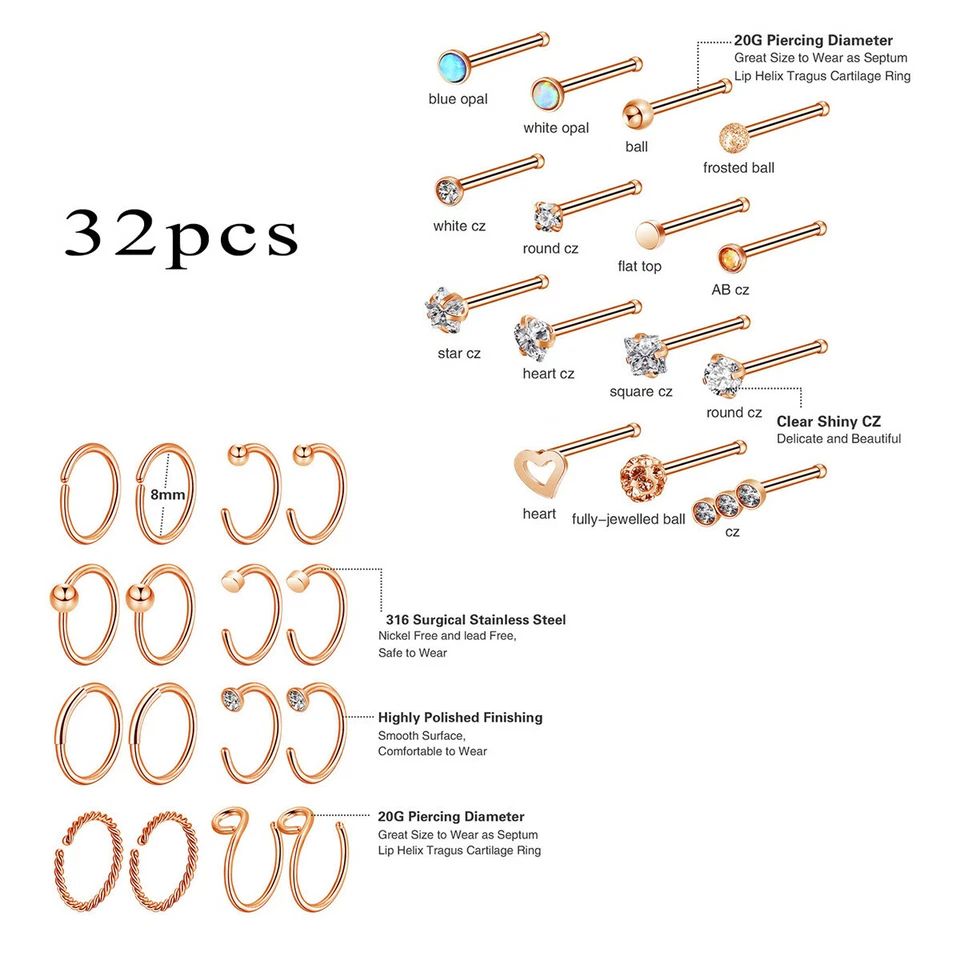 31PCS CZ Nose Hoop Ring Pin Bone Ear Stud Tragus Cartilage Piercing Jewelry 20G - Изображение 3 из 4