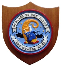 1950s 1960s USS HYADES AF-28 WALL PLAQUE, U.S. NAVY, PAINTED METAL on WOOD