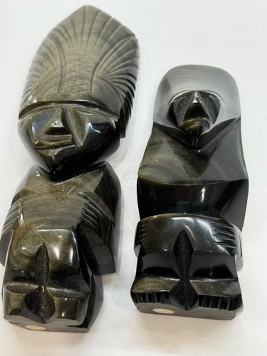Lot of 2 Mayan Aztec Carved Obsidian Black Lava Stone Gold Sheen Satues - Picture 16 of 22