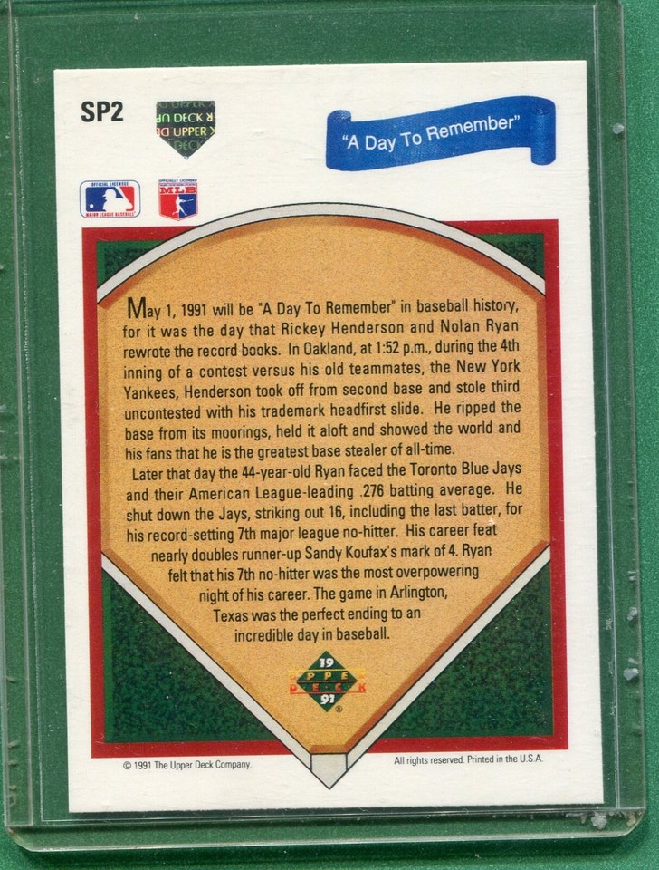 NOLAN RYAN TEXAS RANGERS RICKEY HENDERSON A'S 1991 UPPER DECK BASEBALL CARD SP 2 eBay