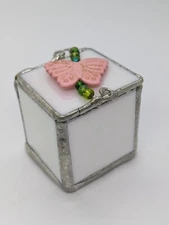 Vtg White Iridescent Glass Square Trinket Jewelry Box w/Pink Butterfly 2.25" 