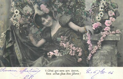 CP HE WHO WILL BE HER HUSBAND... WOMAN FEATHER HAT SURROUNDED FLOWERS DAISIES