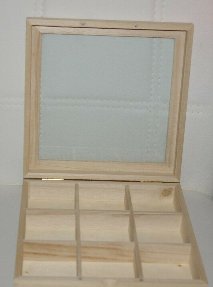 9 Section Shadowbox Magnetic, Hinged, Glass Top, Unfinished Wood