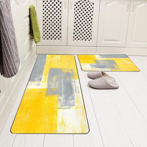 Kitchen Rugs and Mats Non Skid Washable Yellow Kitchen Rug Grey and Yellow Ab... - Picture 4 of 5