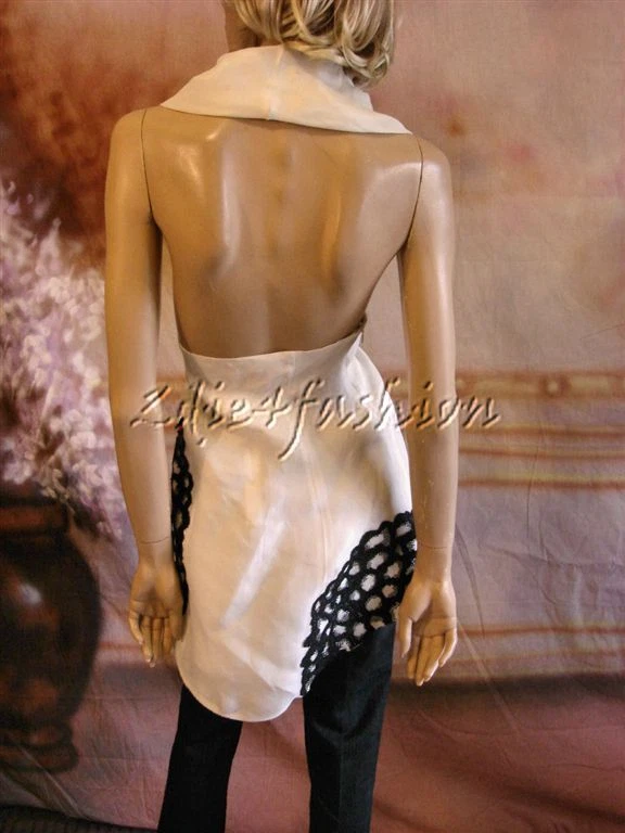 OFF WHITE $2900 Nuovo MARC JACOBS Off White Silk Tunica Halter Nero Pizzo Top Mini Abito 6