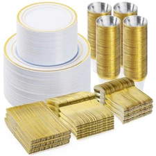 600PCS Gold Dinnerware Set for 100 Guests, Plastic Plates for Party, 100 Gold...
