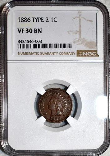 NGC VF-30 BN 1886 Type 2 Indian Head Cent, Smooth, Chocolate-Brown specimen.