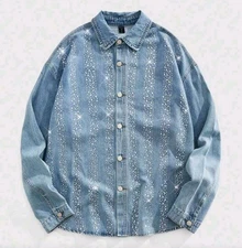 New Luxury Men Diamond Rhinestones Fashion Blue Denim Shirt High Quality
