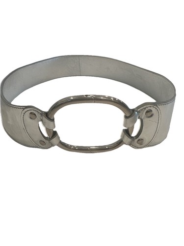 Pre-Loved PRADA Metallic Silver Leather Belt Ring Clasp Logo Buckle Sz 90cm 36in