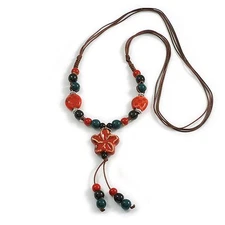 Red/Teal/Black Round Ceramic Bead with Flower Tassel Brown Silk Cord Necklace/