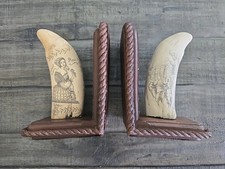 Scrimshaw-Style Whale Tooth Bookends – Nautical Ship & Lady Design –Reproduction Scrimshaw-Style Whale Tooth Bookends – Nautical Ship & Lady Design –Reproduction - Image 1