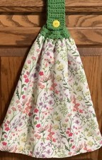 Double hanging kitchen towel garden multicolored flowers crocheted green top
