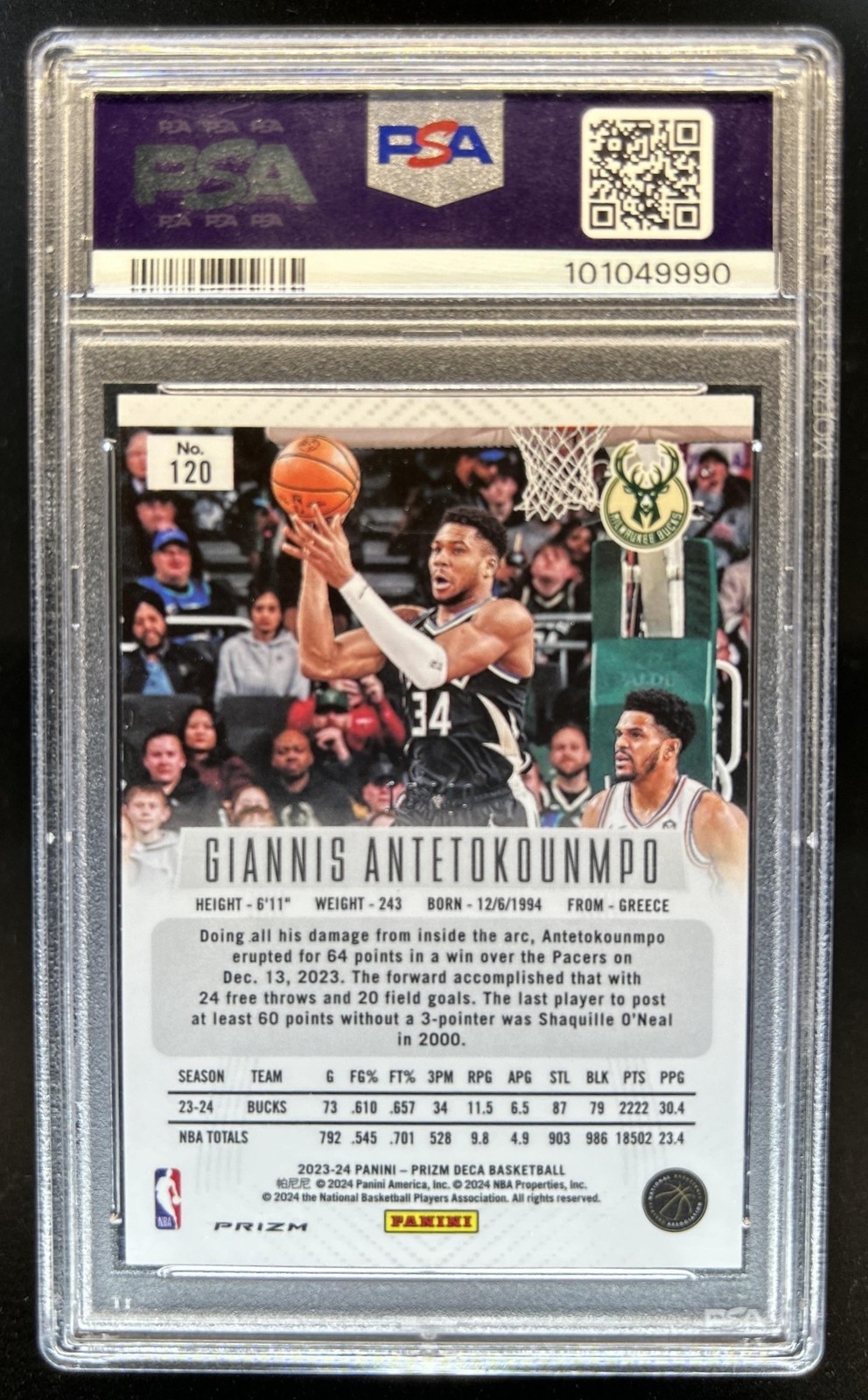 2023-24 Panini Prizm Deca Giannis Antetokounmpo Orange #/49 Bucks PSA 9 view 2