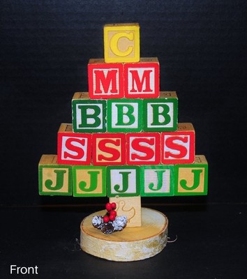 VTG Wooden Alphabet Block Christmas Tree Shelf Sitter 16Blocks BirchBase M B S J