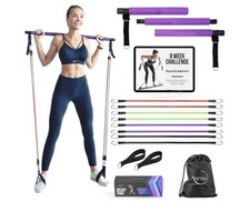 Portable Pilates Bar Kit with Resistance Bands 20, 30, 40, 50 LB - 8 Week V...
