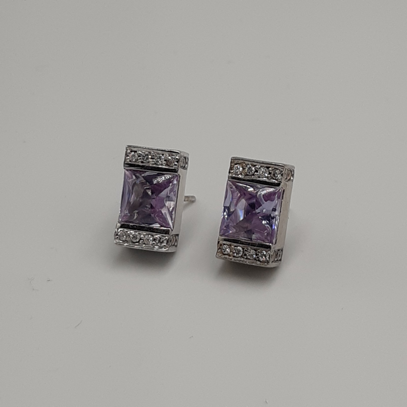 925 Sterling Silver Purple Amethyst CZ Cushion Cut Stud Earrings Art Deco Style image 2